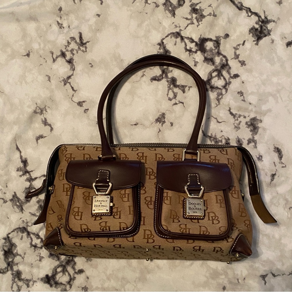 Vintage Dooney & Bourke Signature Taupe Jacquard Canvas Bag with Leather Trim